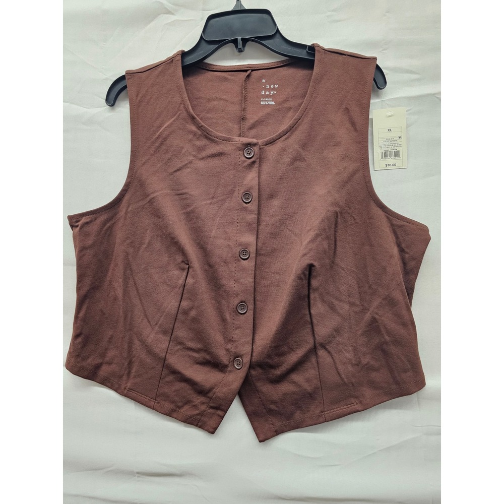 A New Day Womens Dark Brown Button Front Vest XL Ponte Knit Sleeveless Top NEW
